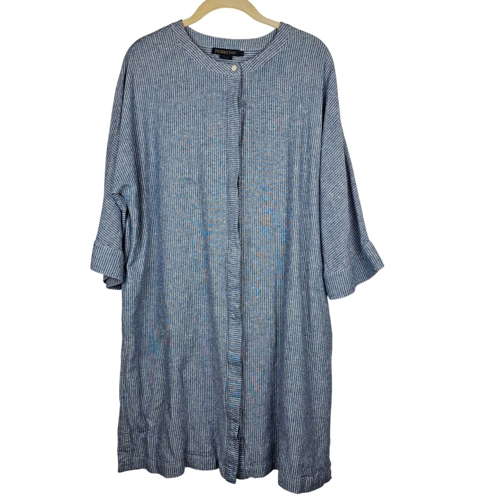 Pendleton Women's Blue White Striped Linen Blend Band Collar Tunic Shirt Large